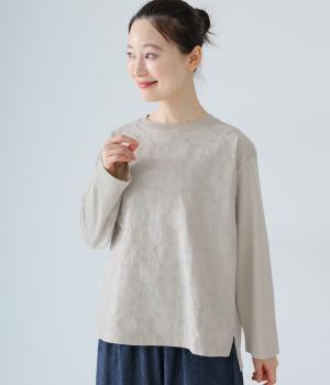 コットン天竺×コットン平織りフロントフハク刺繍プルオーバー