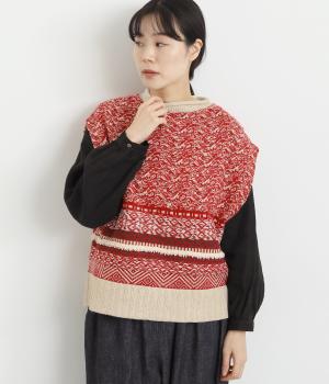 ジャカードニットベスト(レッド-F)