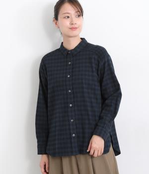 コットンシャーリングチェックブラウス(ネイビー-L)