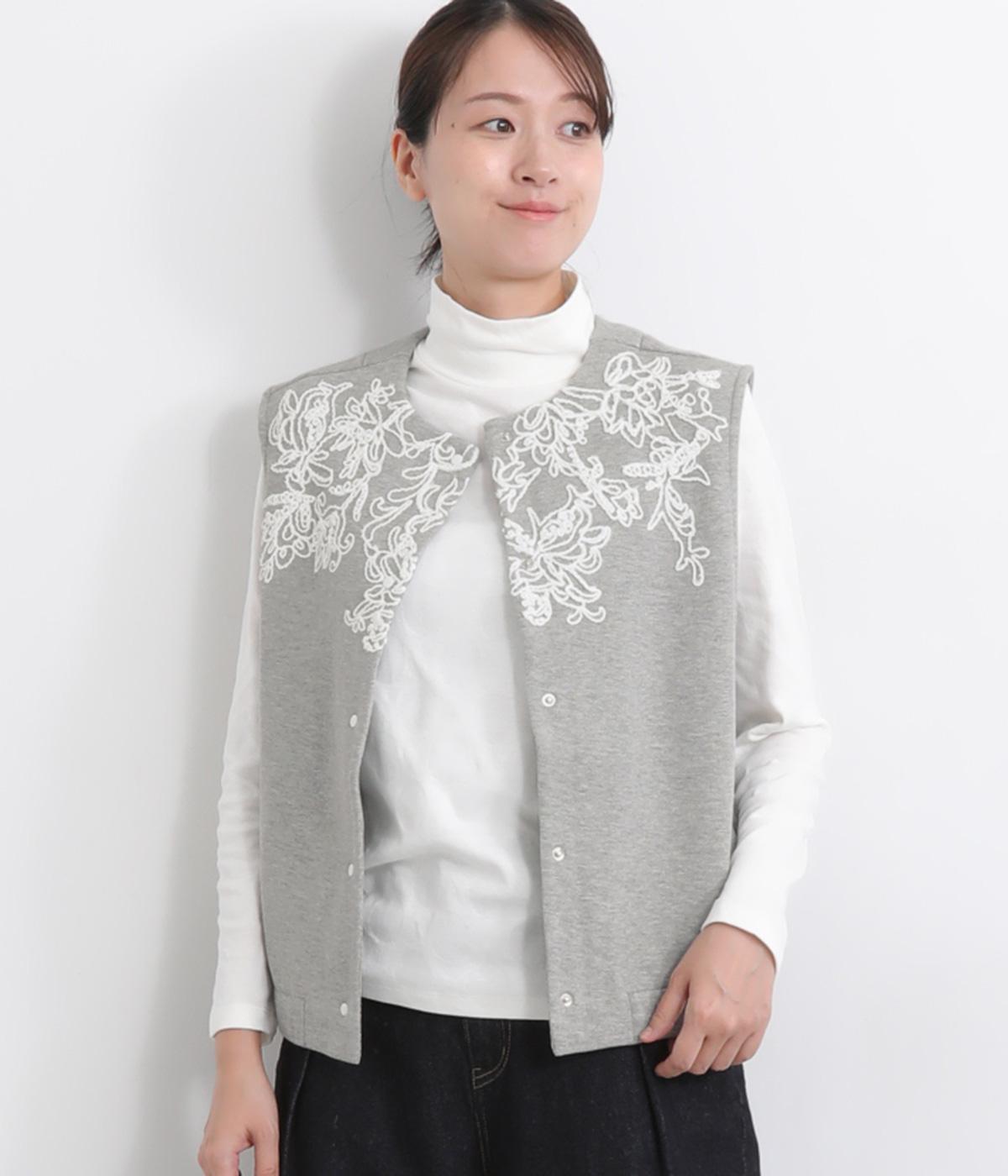 コットンエンブロイダリー　カノコ裏起毛ジレ(杢グレー-L)