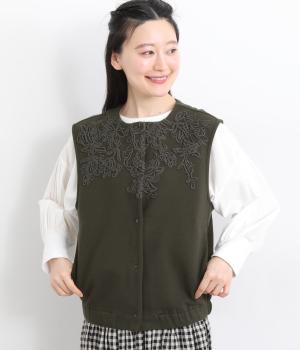 コットンエンブロイダリー　カノコ裏起毛ジレ(チャコール-L)