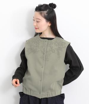 コットンエンブロイダリー　カノコ裏起毛ジレ(カーキ-L)