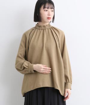 フランネルシャンブレーツイルギャザーカラーフリルプルオーバー(ベージュ-L)