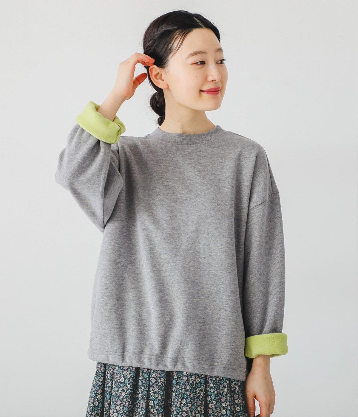 裏フリースプルオーバー(グレー×グリーン-M)