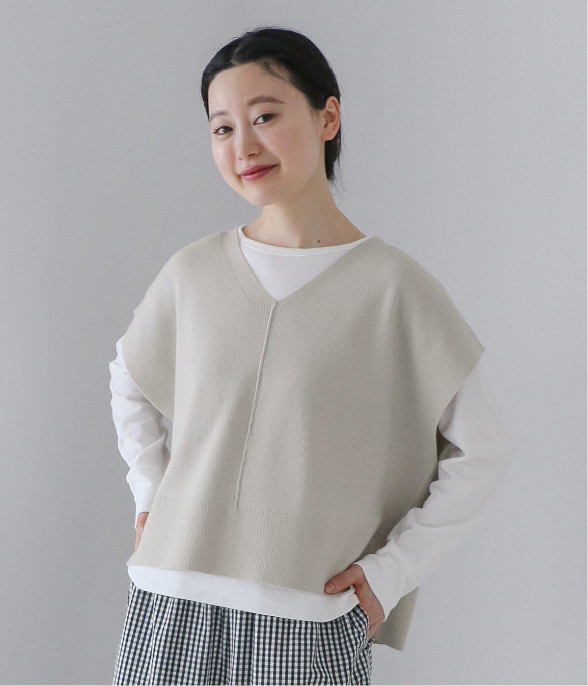 Vネック畦編みニットベスト(ライトグレー-F)