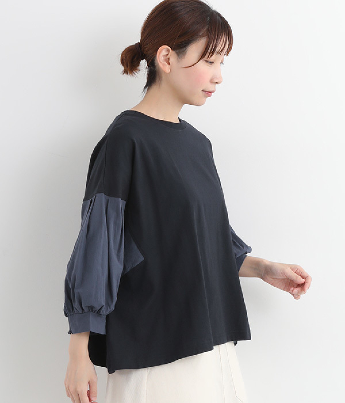 スモッキングワイドスリーブTシャツ(ネイビー-M)
