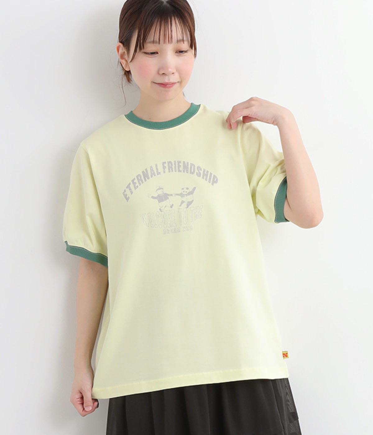 パンダwithおじさんプリントリンガーTシャツ(イエロー-L)