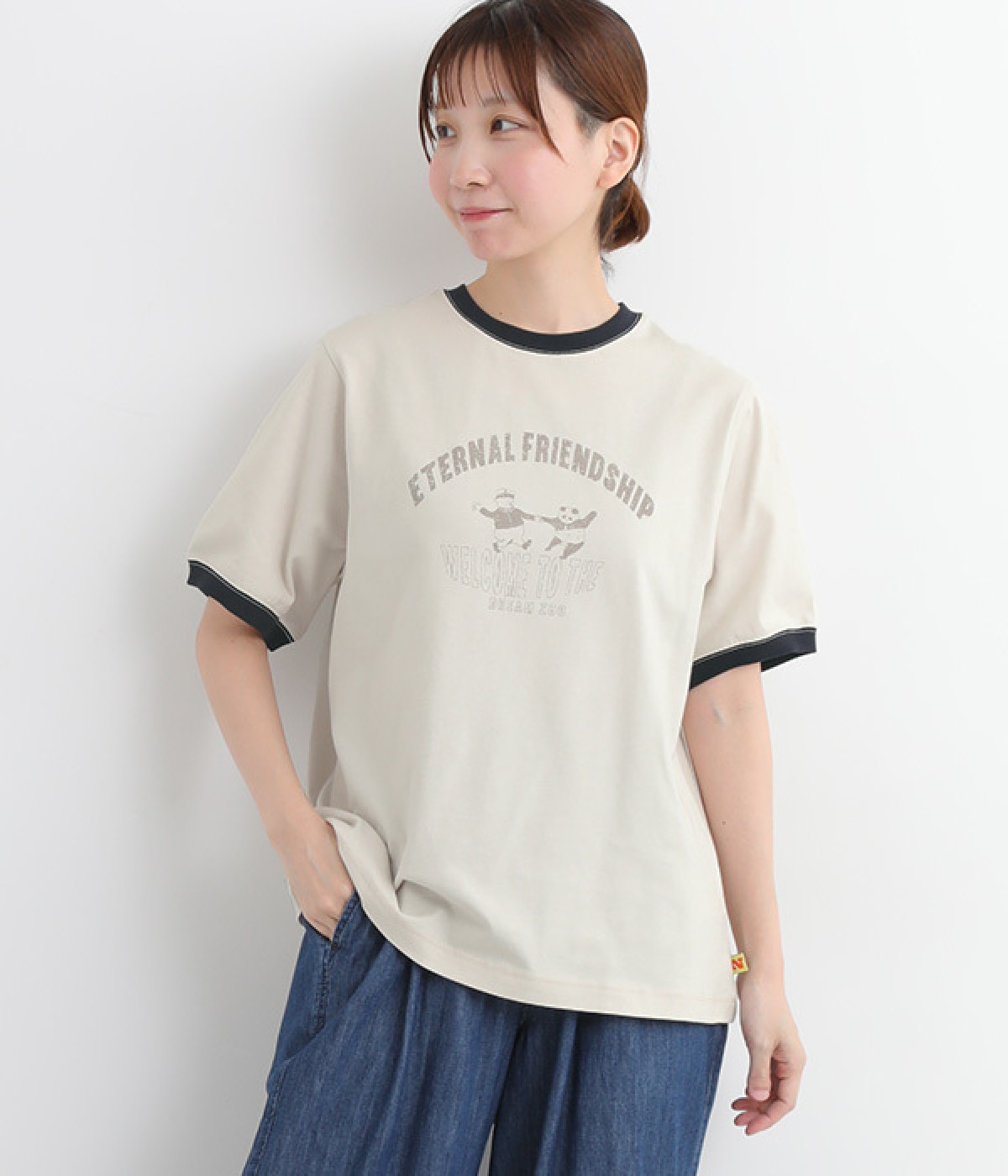 パンダwithおじさんプリントリンガーTシャツ(ライトグレー-L)