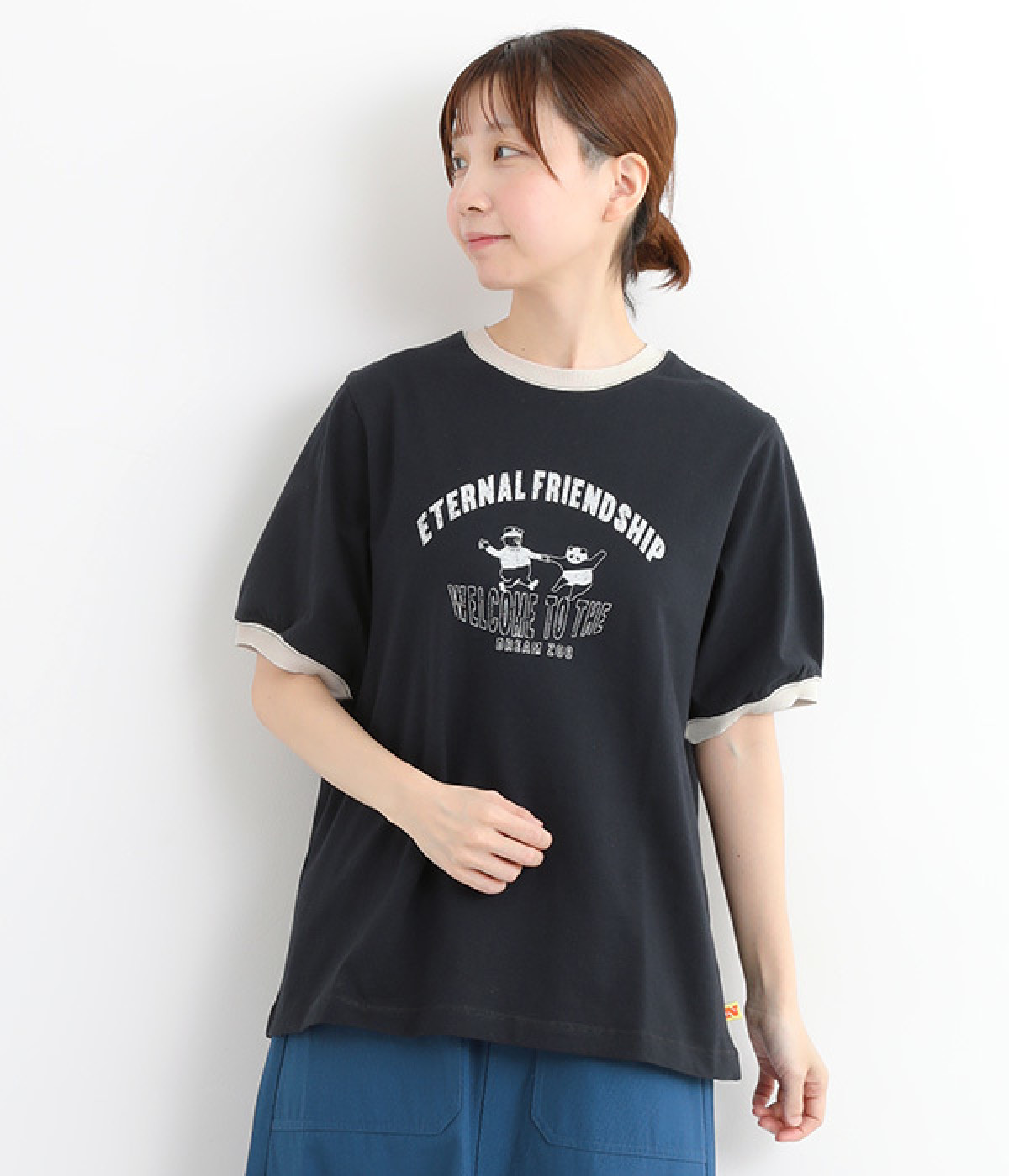 パンダwithおじさんプリントリンガーTシャツ(ネイビー-L)