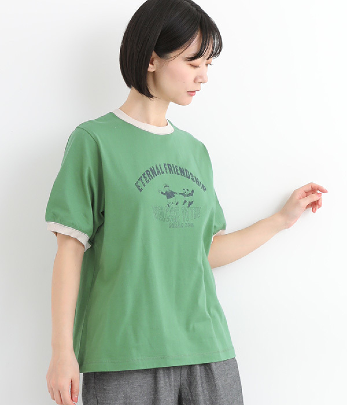 パンダwithおじさんプリントリンガーTシャツ(グリーン-L)