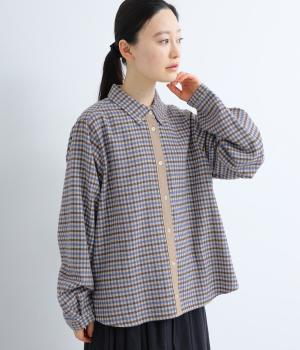 先染チェックフランネル異素材づかいボタンダウンシャツ