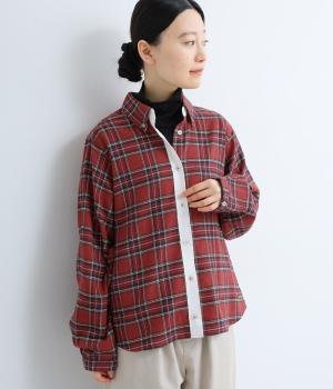 先染チェックフランネル異素材づかいボタンダウンシャツ(レッド-L)