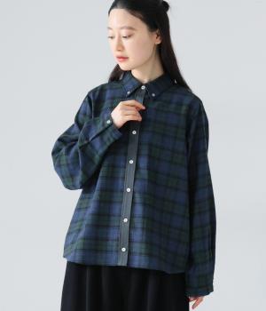 先染チェックフランネル異素材づかいボタンダウンシャツ(グリーン-L)