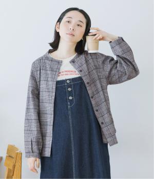 先染グレンチェックモックネックシャツ(ブラック-M)