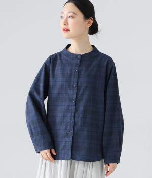 先染グレンチェックモックネックシャツ(ネイビー-L)