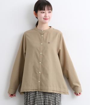 フランネル裾タックバンドカラーブラウス(ベージュ-L)