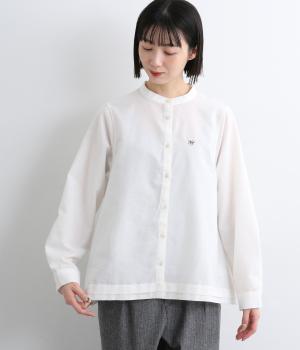 フランネル裾タックバンドカラーブラウス(オフホワイト-L)