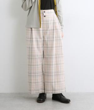 コットンフロントタックリラクシーチェックパンツ(ライトベージュ-L)