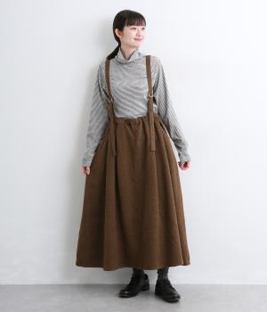 へリンボンツイードサスペンダータックフレアスカート(ブラウン-M)