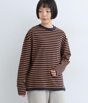 ハイネックスクエアボーダープルオーバー(ネイビー×ブラウン-L)