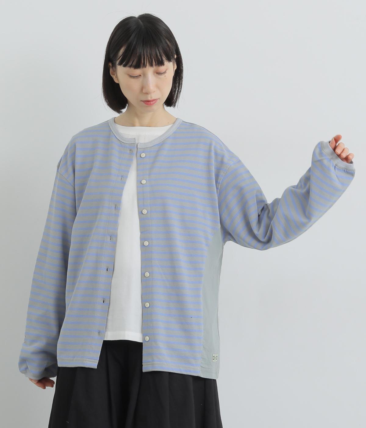 鹿の子先染ボーダー+布帛づかいボーダーカーディガン(グレー×ブルー-M)