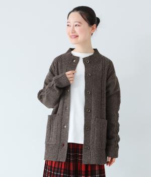 ケーブニットハイネックカーディガン(ダークブラウン-L)