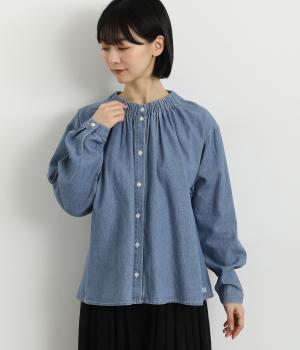 バンディングカラーギャザーブラウス(インディゴブルー-L)