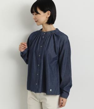 バンディングカラーギャザーブラウス(インディゴネイビー-L)