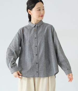 異素材づかいタック入りシャツ(ブラック-L)