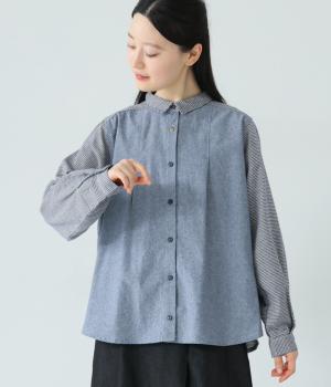 異素材づかいタック入りシャツ(ネイビー-L)