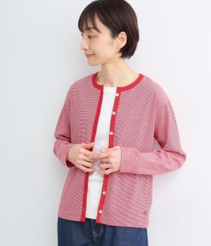 ボーダーリブ編みカーディガン(レッド-L)