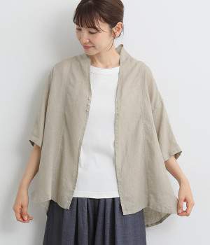 リネンショート丈ショールカーディガン(ベージュ-ONESIZE)