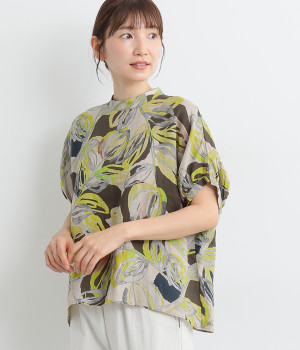 リネンリーフプリントシャツ(ブラウン-ONESIZE)