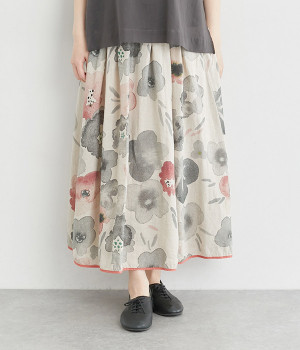 リネン　アネモネプリントスカート(レッド-3)