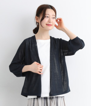 ホールガーメント　リネン混バルーン袖羽織カーディガン(ネイビー-ONESIZE)