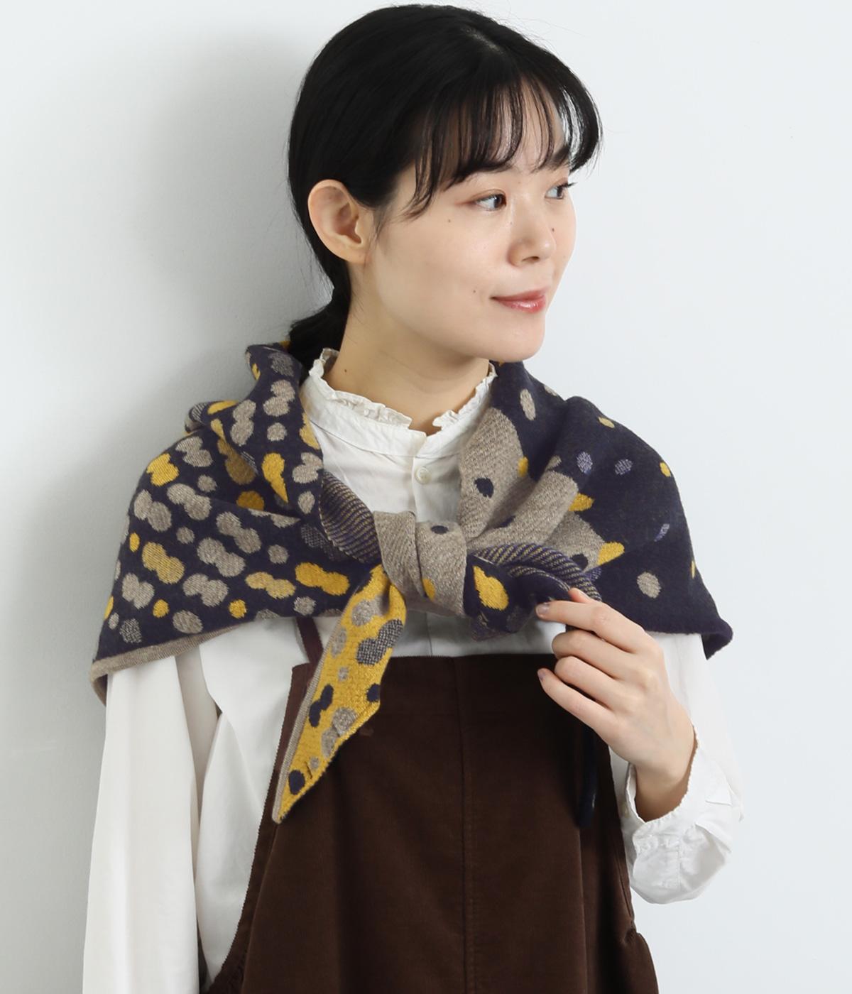 ウール三角ピーナッツ柄ニットストール(ネイビー-F)