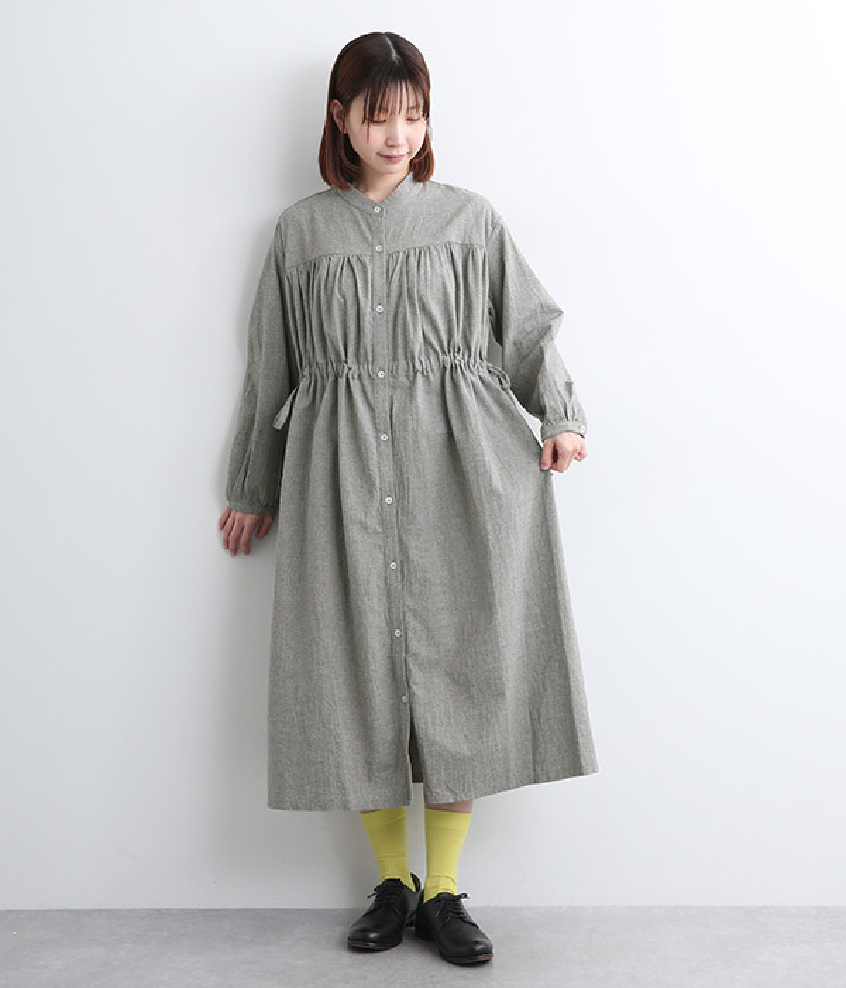 コットンリネンワッシャー ウエストギャザーシャツワンピース