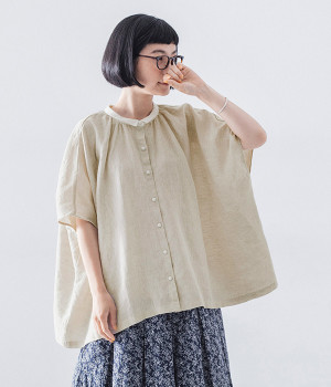 別注｜リネン　ちび襟配色ドルマンシャツ(ナチュラル-ONESIZE)