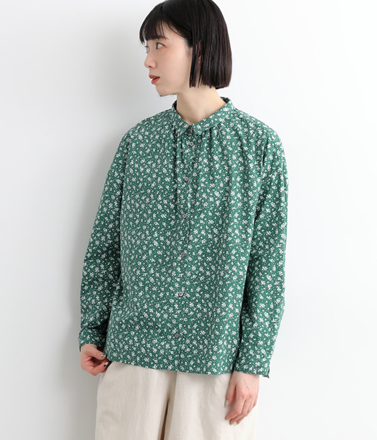 ポプリン小花柄　ちび襟ギャザーシャツ(グリーン-ONESIZE)