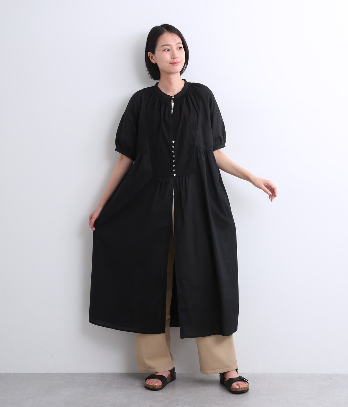 コットン×刺繍レース　異素材スクエア切替羽織ワンピース(ブラック-ONESIZE)