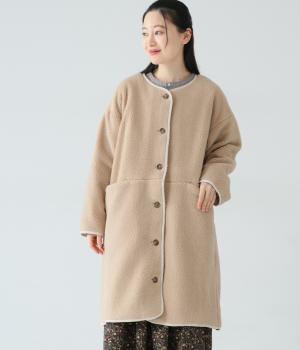 ボア×リネン長コットン　 ノーカラーコート(ベージュ-F)