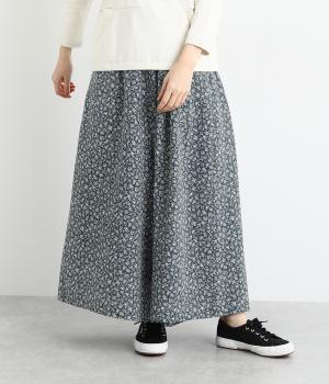 小花柄コットン接結フレアパンツ(ネイビー-F)