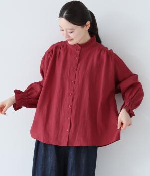 強撚リネン　フリルカラーブラウス(レッド-ONESIZE)