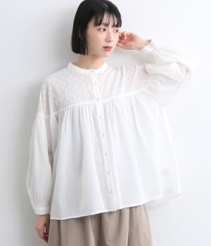 しわコットンローン×ドビードット異素材切替ギャザーブラウス(オフホワイト-ONESIZE)