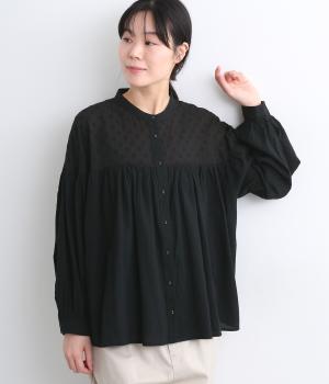 しわコットンローン×ドビードット異素材切替ギャザーブラウス(ブラック-ONESIZE)