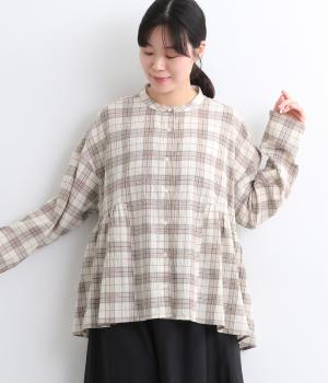 ワッシャーチェック脇フレアブラウス(ナチュラル-ONESIZE)