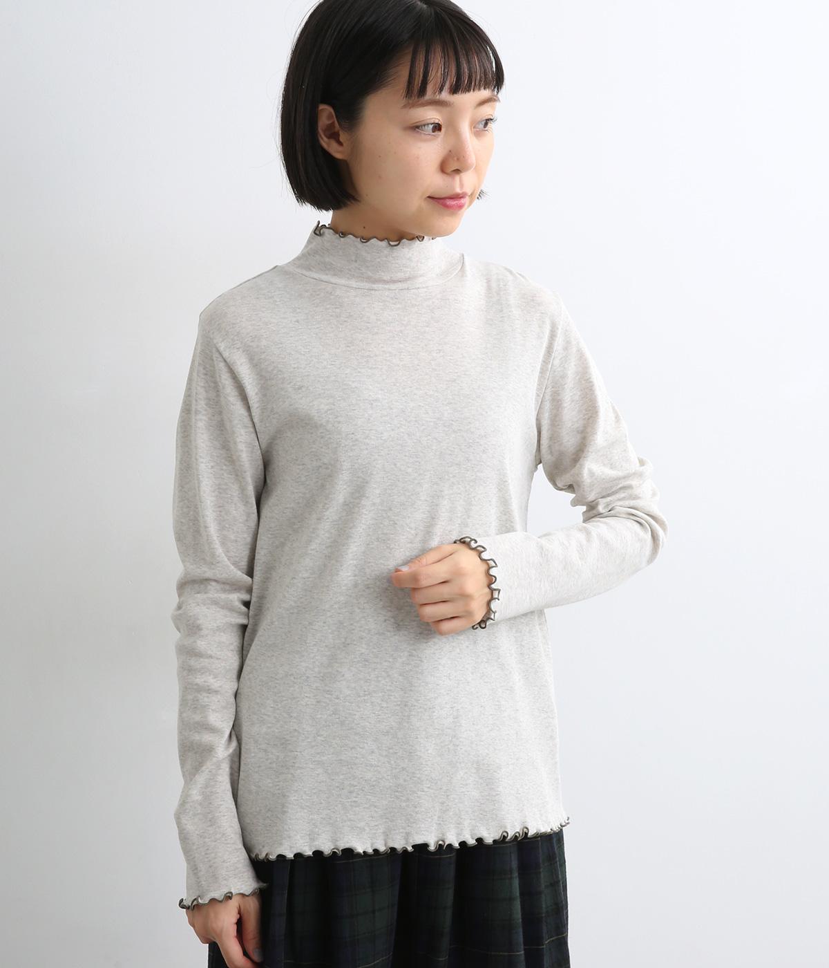 国産オーガニックコットンフライスメローハイネックプルオーバー(グレー×ベージュ-F)