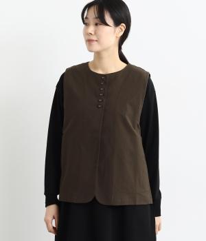 リネン調コットン多釦ベスト(ブラウン-F)