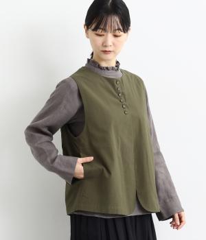 リネン調コットン多釦ベスト(カーキ-F)