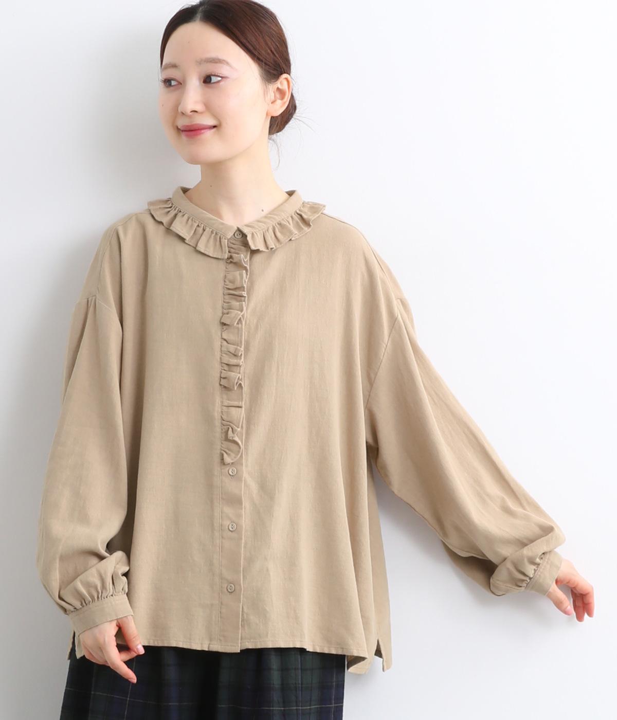 ラミーリネンコットンフリル襟ブラウス(ベージュ-F)